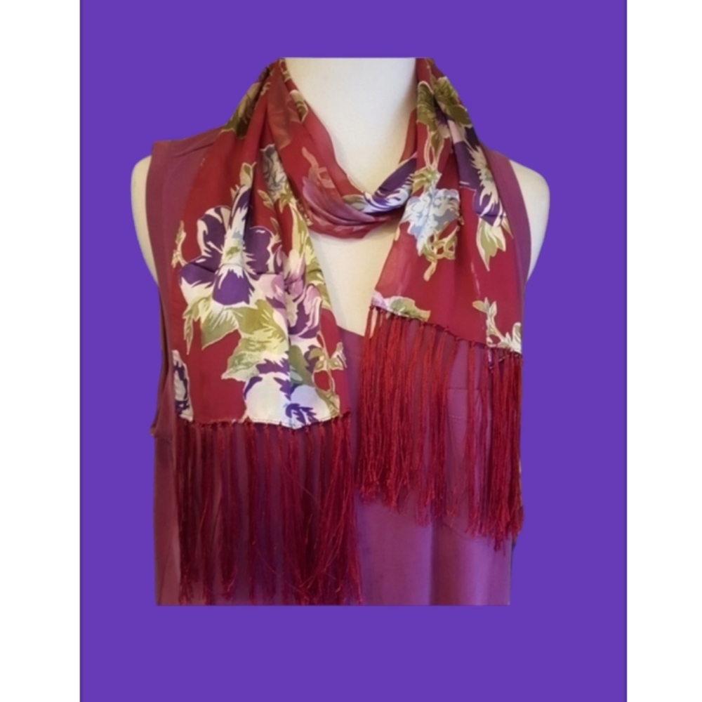 BEAUTIFUL PINK PURPLES GREENS FLORAL SCARF WITH FRINGE